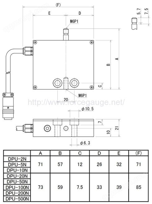 Dimensions for DPU series force sensor